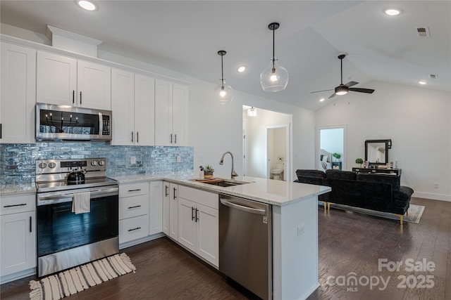 kitchen with tasteful backsplash, sink, white cabinetry, appliances with stainless steel finishes, and dark hardwood / wood-style flooring