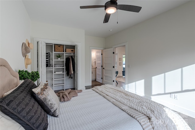 bedroom with ceiling fan, ensuite bathroom, and a closet