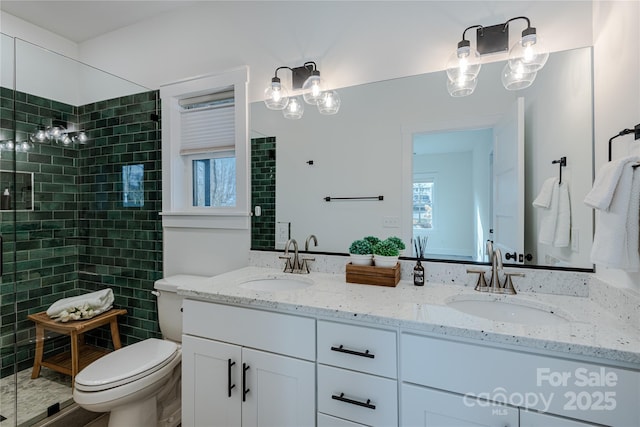 bathroom featuring a shower with shower door, vanity, and toilet