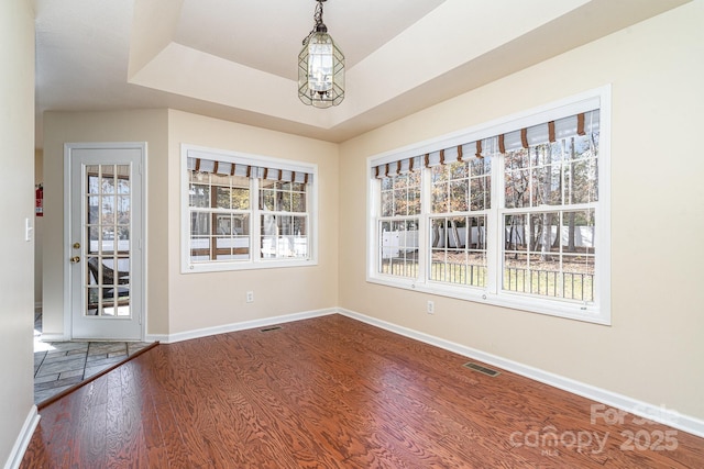 unfurnished dining area with a tray ceiling and hardwood / wood-style flooring