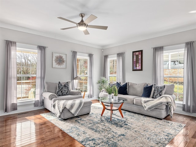 living room featuring hardwood / wood-style flooring, ceiling fan, and ornamental molding