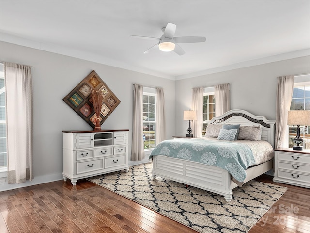 bedroom with multiple windows, ceiling fan, dark hardwood / wood-style flooring, and ornamental molding