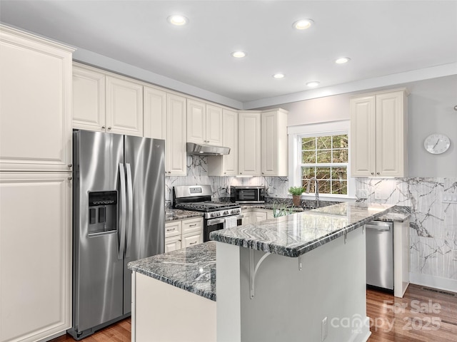 kitchen featuring a toaster, light wood-style floors, dark stone counters, under cabinet range hood, and stainless steel appliances
