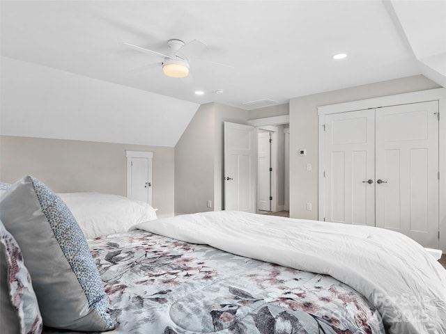 bedroom with recessed lighting, ceiling fan, vaulted ceiling, and a closet