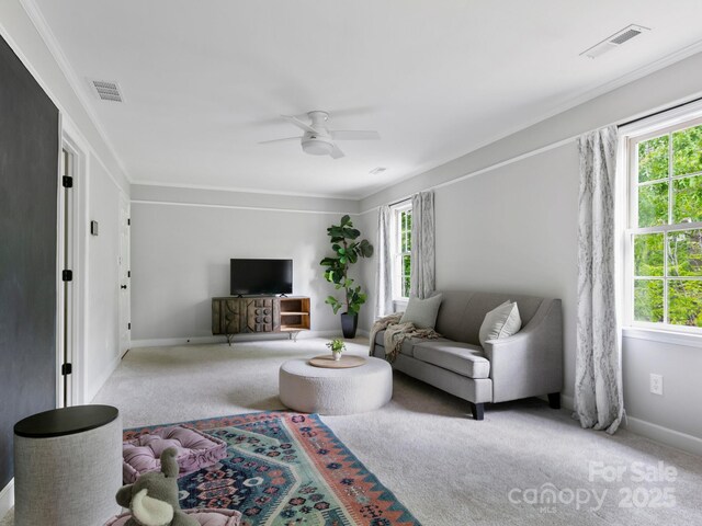 3 White Rock Ct, Arden, NC 28704 - carpeted living room with plenty of natural light, baseboards, ceiling fan, and crown molding