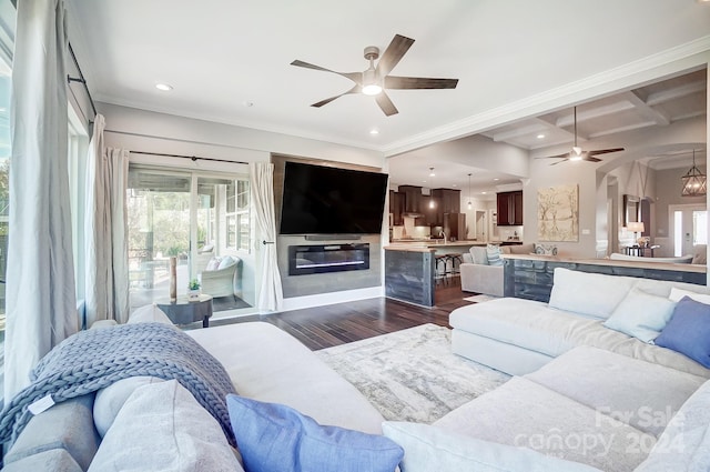 living room with ornamental molding, ceiling fan, dark wood-type flooring, and coffered ceiling