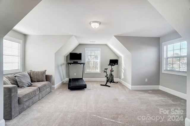 exercise room featuring light colored carpet and vaulted ceiling