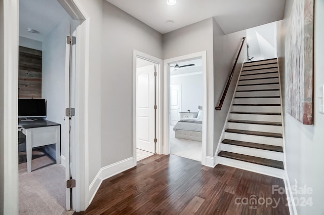 interior space with ceiling fan and wood-type flooring