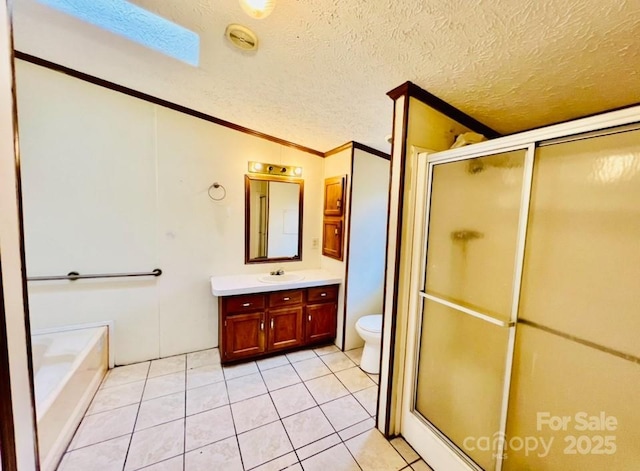 full bathroom with vanity, lofted ceiling, tile patterned floors, toilet, and shower with separate bathtub