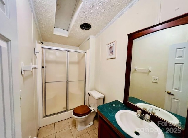 bathroom with tile patterned floors, an enclosed shower, a textured ceiling, vanity, and ornamental molding