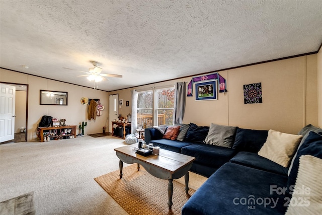 carpeted living room with a textured ceiling, ceiling fan, and crown molding