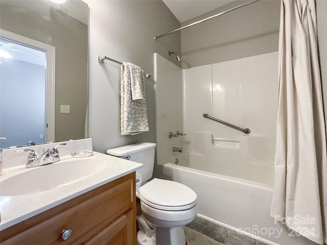 full bathroom with vanity, toilet, and shower / bath combination with curtain