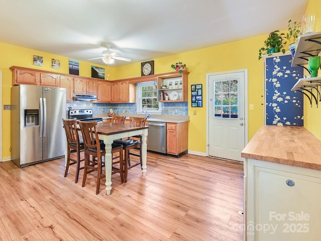 kitchen featuring ceiling fan, sink, stainless steel appliances, backsplash, and light wood-type flooring