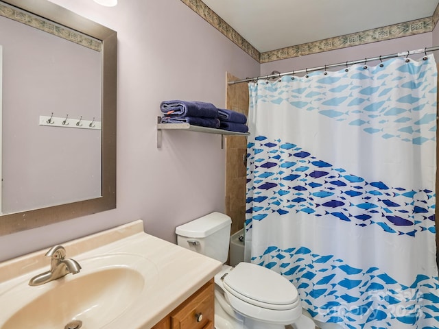 full bathroom with vanity, toilet, and shower / bathtub combination with curtain