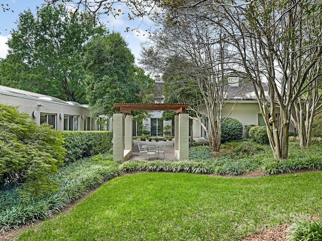 view of yard with a pergola and a patio