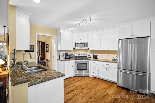 kitchen featuring white cabinetry, appliances with stainless steel finishes, wood-type flooring, and sink