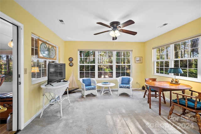 interior space with carpet and ceiling fan