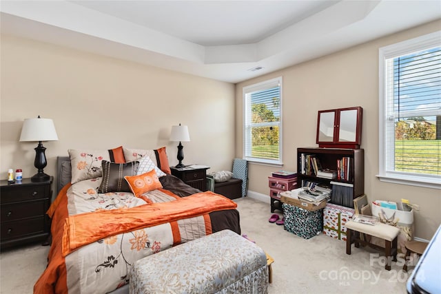 bedroom with a tray ceiling, multiple windows, and light carpet