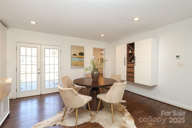 dining space featuring dark wood-style floors, recessed lighting, french doors, and baseboards