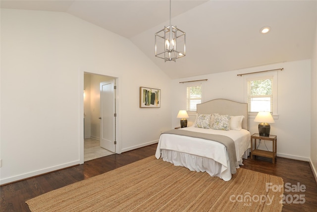 bedroom featuring lofted ceiling, dark wood-style flooring, recessed lighting, and baseboards