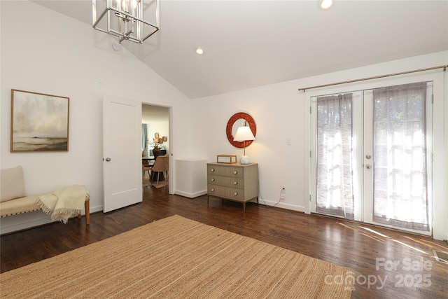 unfurnished room featuring high vaulted ceiling, recessed lighting, dark wood-type flooring, baseboards, and french doors