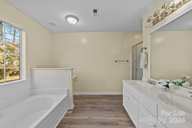 bathroom featuring a tub to relax in, hardwood / wood-style floors, vanity, and a healthy amount of sunlight