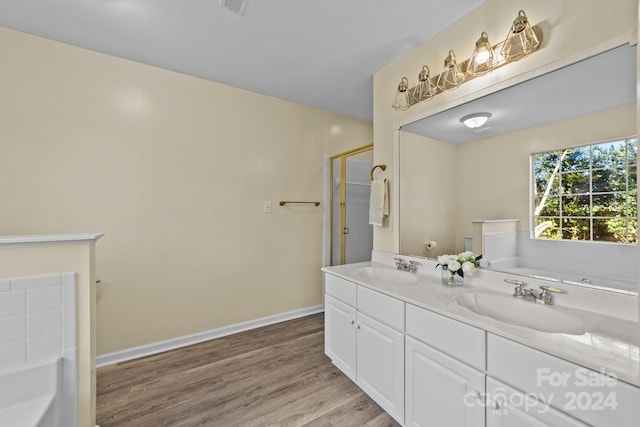 bathroom featuring plus walk in shower, vanity, and hardwood / wood-style flooring