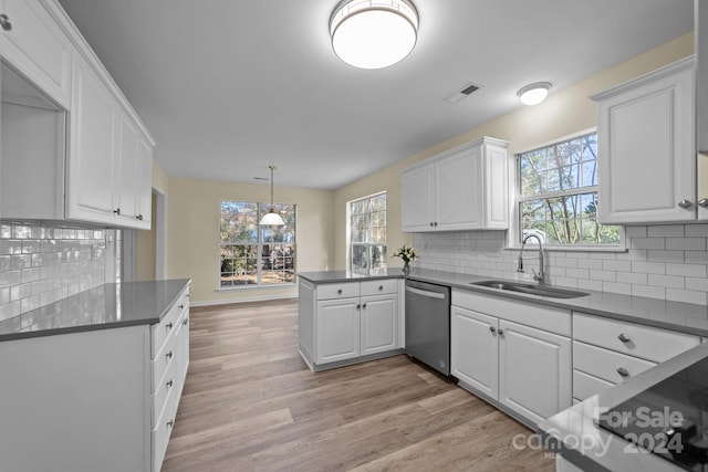 kitchen with stainless steel dishwasher, white cabinets, sink, and a wealth of natural light