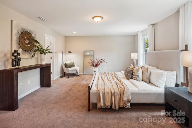 bedroom featuring recessed lighting, visible vents, baseboards, and carpet floors