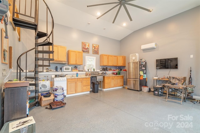 kitchen with high vaulted ceiling, ceiling fan, stainless steel refrigerator, light brown cabinets, and an AC wall unit