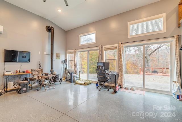 miscellaneous room with high vaulted ceiling