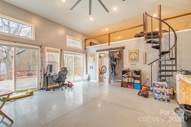 garage featuring ceiling fan