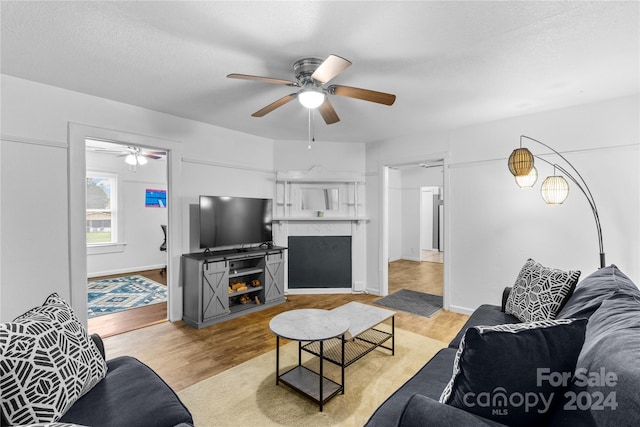 living room featuring ceiling fan, a textured ceiling, and light hardwood / wood-style flooring