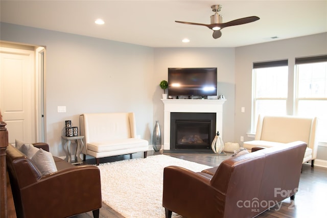 living room featuring ceiling fan and dark hardwood / wood-style floors