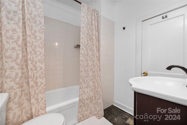 bathroom featuring toilet, shower / bath combination with curtain, and ornamental molding