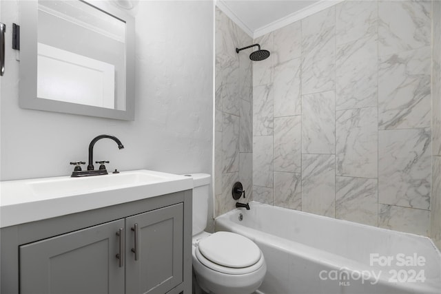 full bathroom with vanity, toilet, tiled shower / bath combo, and ornamental molding