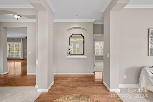 interior space featuring light wood-type flooring, plenty of natural light, and ornamental molding