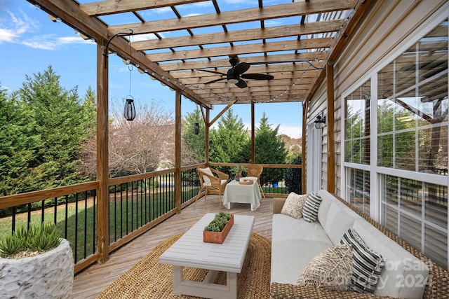 exterior space with ceiling fan