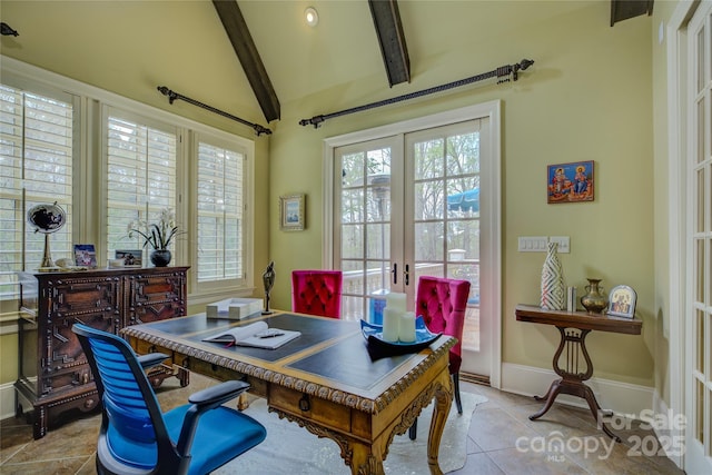 tiled office space with lofted ceiling with beams and french doors