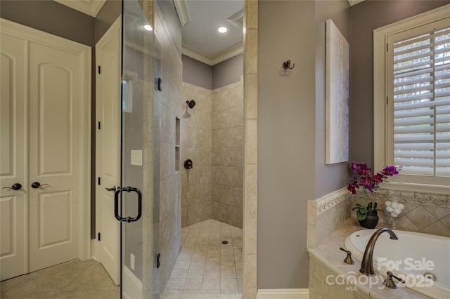 bathroom featuring tile patterned floors, ornamental molding, and shower with separate bathtub