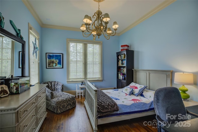 bedroom featuring an inviting chandelier, dark hardwood / wood-style flooring, and crown molding