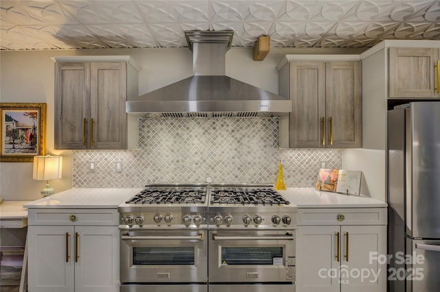 kitchen with decorative backsplash, white cabinetry, stainless steel appliances, and wall chimney exhaust hood