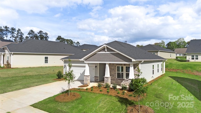 craftsman inspired home featuring a front lawn and a garage