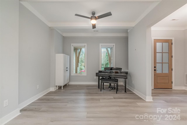 miscellaneous room featuring ceiling fan and light wood-type flooring