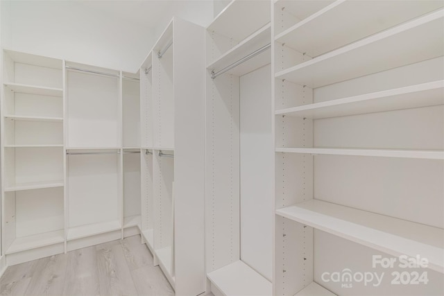 walk in closet with light hardwood / wood-style flooring