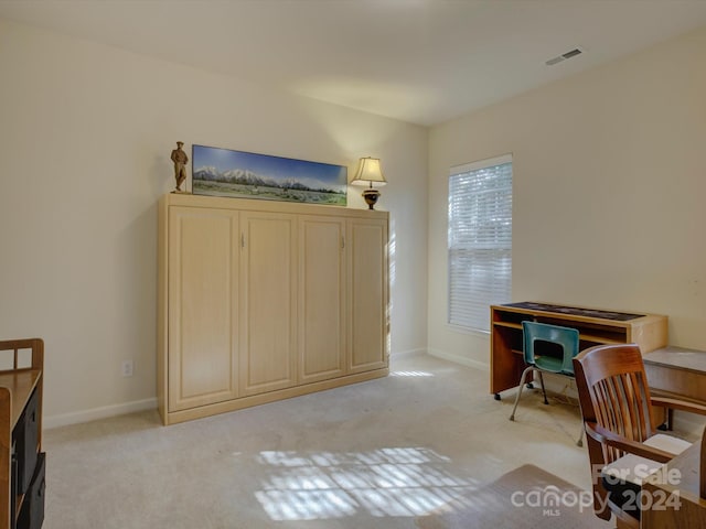 office area featuring light colored carpet