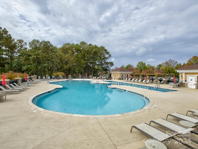 view of swimming pool with a patio