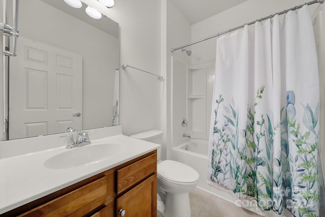 full bathroom featuring toilet, vanity, shower / bath combination with curtain, and tile patterned floors