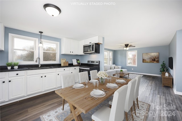 dining area with dark hardwood / wood-style flooring, a wealth of natural light, sink, and ceiling fan