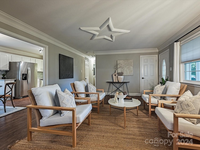 living room featuring ornamental molding and dark wood-type flooring